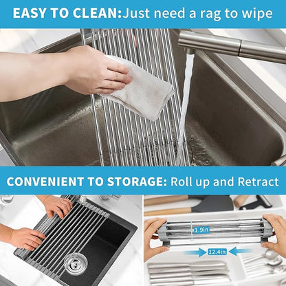 Expandable Roll-UP Dish Drying Rack-Large 304 Stainless Steel Dish Drainer Over