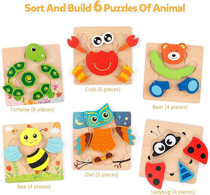 Coogam Wooden Jigsaw Puzzle Set, 6 Pack Animal Shape Color Montessori Toy, Fine Motor Skill Early Learning Preschool Educational Gift Game for Years Old Kids