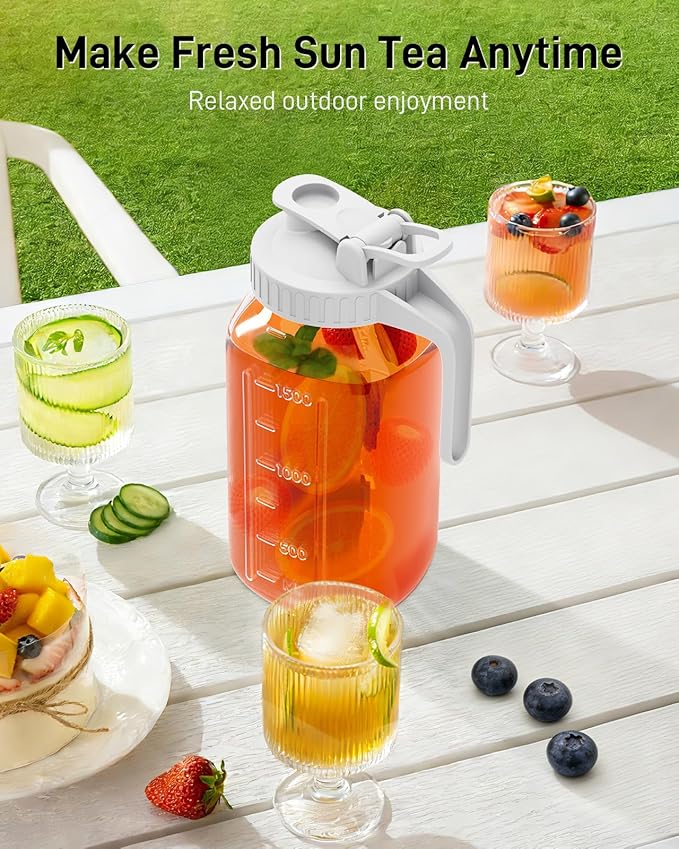 64 oz Glass Pitcher with Lid, Large Wide Mouth Mason Jar with Pour Spout