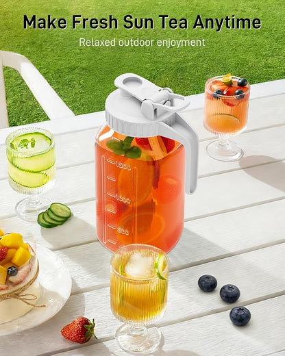 64 oz Glass Pitcher with Lid, Large Wide Mouth Mason Jar with Pour Spout