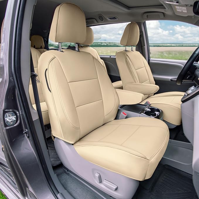 FH Group Custom Fit Car Seat Covers Specifically Made for 2011-2020 Toyota Sienna 8 Passenger, Car Seat Cover Full Set, Automotive Seat Covers in Solid Beige Faux Leather, Waterproof and Washable
