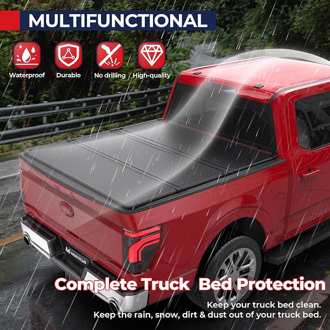 MOSTPLUS 6.5FT Fiberglass Tri Fold Hard Truck Bed Tonneau Cover Compatible with 2015-2025 2026 Ford F150 F-150 Long Bed On Top (78Inch)
