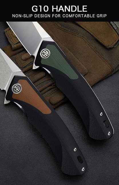 Petrified fish PF838 3.74" D2 steel folding knife outdoor tactical pocket knives G10 handle camping hunting Cutter EDC tool (Green, Stonewash)