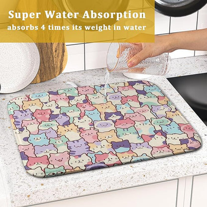 Colorful Cats Dish Drying Mat 16x18 inch Cute Animal Microfiber Reversible Fast