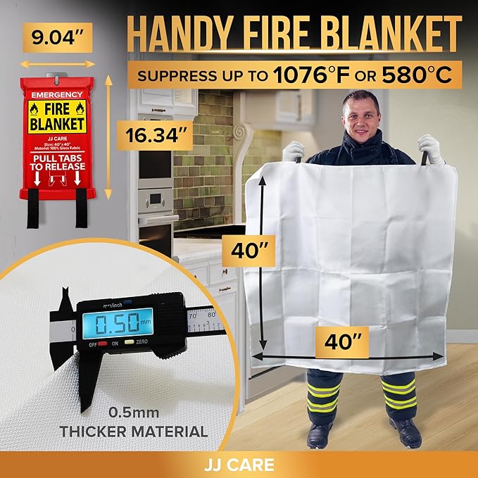 JJ CARE Fire Blanket ??7 Packs with Hooks and Gloves ??40??x 40??Fire Blankets Emergency for Home and Kitchen, High Heat Resistant and Flame Protection for Kitchen, Car, Office, Camping & Home Safety