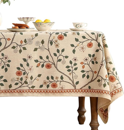 ISAENNE Designer Floral Table Cloth for Rectangle Table,French Linen Light Beige Indoor Tablecloth,Fall Wrinkle Resistant Decor Tablecloths for Dining Thanksgiving Kitchen,55"*79"-Flora A