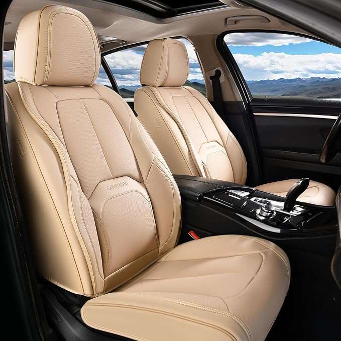 Coverado Car Seat Covers Full Set, Premium Nappa Leather Seat Covers for Car, Waterproof Car Seat Protector with Lumbar Support, Automotive Seat Covers Universal Fit for Most Cars SUV Truck(Beige)