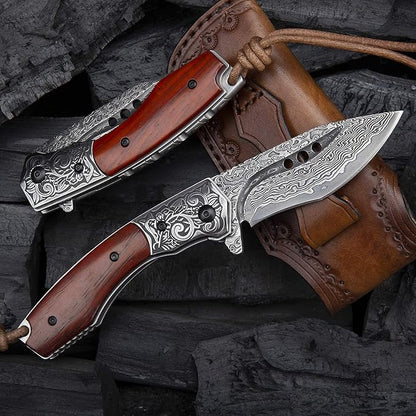 hand made damascus steel pocket knife, 3.1 inch outdoor folding knife, camping rosewood handle with leather case and inner lining