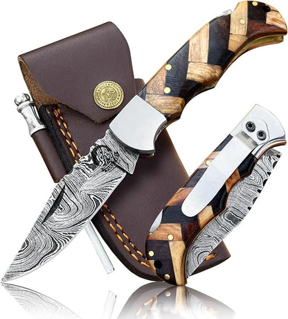 Damascus Pocket Knife for Men Handmade - 6.5 Inches Damascus Folding Knife with Sheath -Ideal for Him as an Anniversary Present - Best for EDC - Camping and Hiking - Pocket Knives with Back Lock
