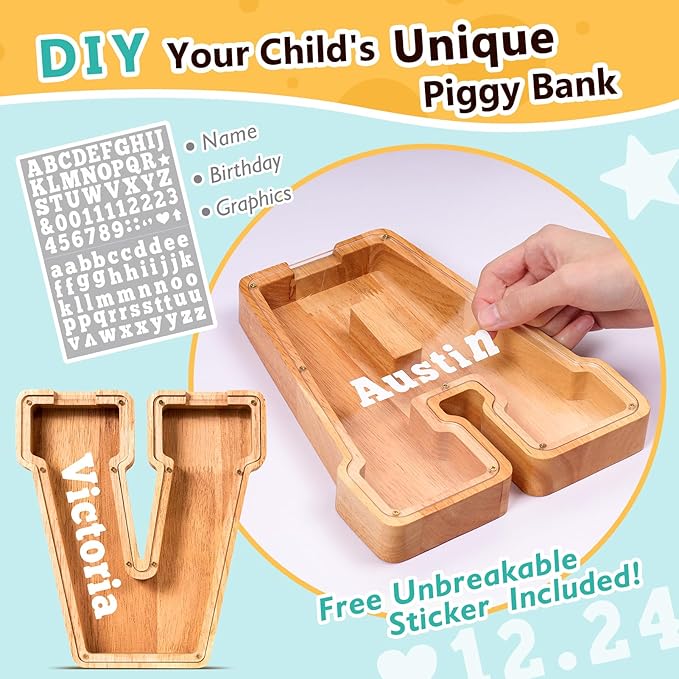 SummiDate Wooden Letter Piggy Bank| Piggy Bank for Boys Girls Toddler| Alphabet V Money Bank| Coin Bank Birthday Gift for Kids|Birthday Gift for Kids (V)