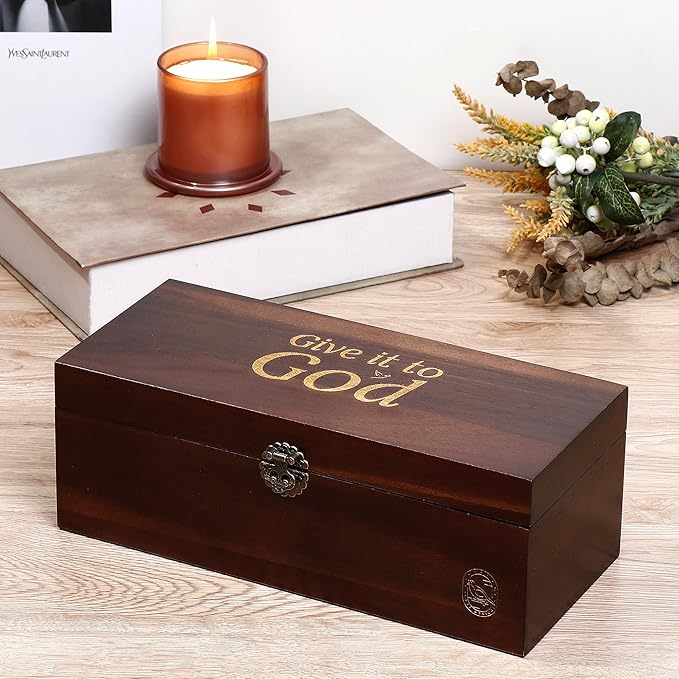Generic Prayer Box, with Double Sided Cards, Engraved Gold Lettering, Designed Interior, Brown, xinke 3