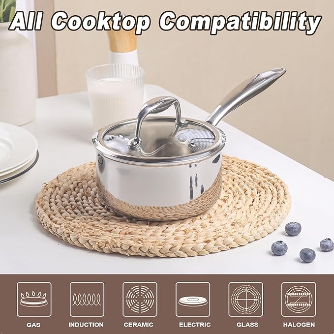 1-Quart Saucepan with Lid, Tri-Ply Stainless Steel Pot with Stay-Cool Handle &