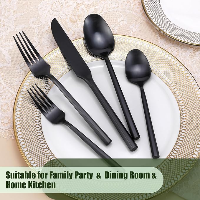 DEACORY Silverware Set Flatware Set Matte Black Cutlery Set Brushed Finished Hexagon Handle Heavy Stainless Steel 60 Pieces Dishwasher Safe Service for 12