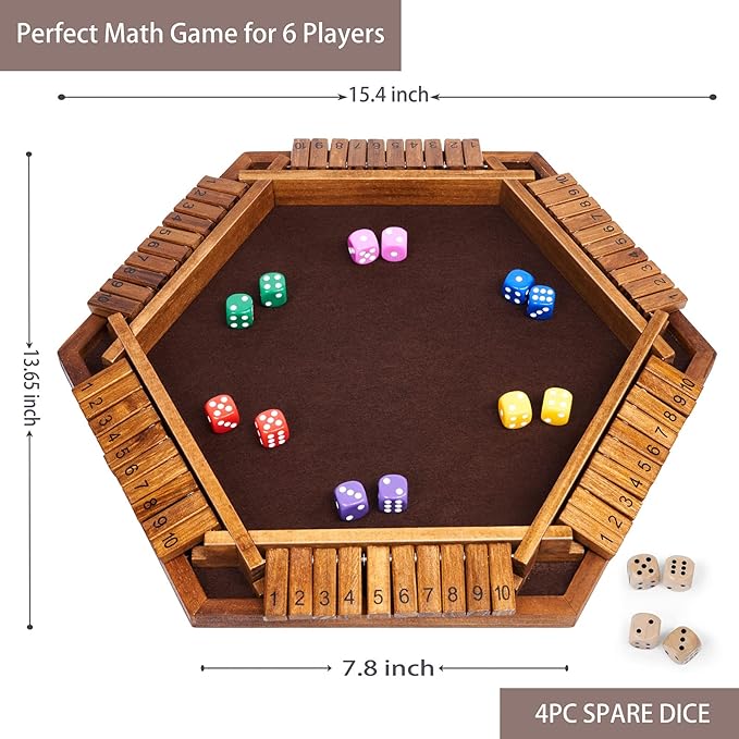 Vamslove Shut The Box Dice Game Wooden Board (L15 x W13) for 1 2 3 4 5 6 Player, 6 Sided 10 Numbers Math Games with 16 Dices for Kids Adults(Instructions Included)