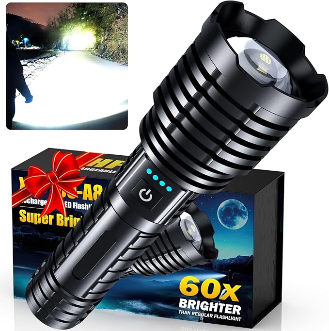 Super Bright Rechargeable LED Flashlights 5000.000 High Lumens, Flashlights High Lumens Up to 25H Long Battery Life| Zoomable| 5Light Modes| IP67 Waterproof, High Powered Flashlight for Camping Home