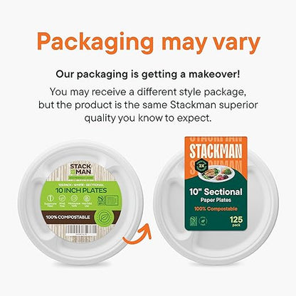 100% Compostable Paper Plates 10 Inch Bulk [500 Count] Heavy-Duty Dinner Plates with Compartments - Natural White Color Bagasse - Eco-Friendly Disposable Biodegradable Sugarcane - [Case 4/125 Pack]