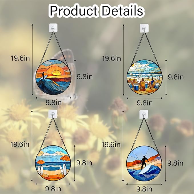 AMDERVEN Stained Glass Window Hanging 4 Pcs Set Blue Ocean Surfing Beach 9.8"
