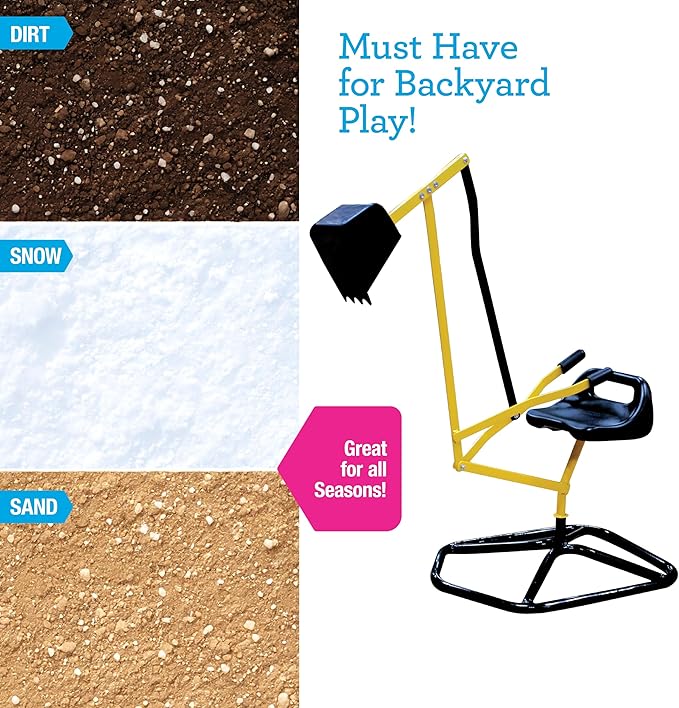 Ride on Crane Digger w Safer Stabilizing Base- Kids Outdoor Digging Excavator Play Toy-100lb Capacity- Swing & Scooper Grab Function, 360 Degrees Rotation Seat- Backyard Sandbox, Dirt, Snow- Xmas Gift