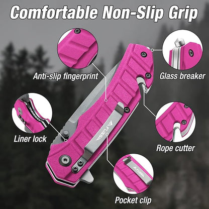 FLISSA Folding Pocket Knife, Tactical Knife with Liner Lock, Tanto Blade, Pocket Clip, Glass Breaker, Seatbelt Cutter, Perfect for Hunting, Camping, Survival (Pink)