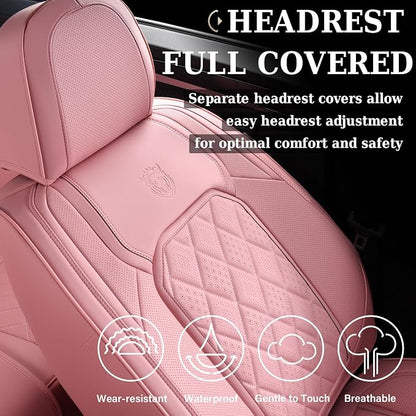 Coverado Car Seat Covers Full Set, Pink Leather Seat Covers for Cars, Universal Waterproof Car Seat Cover, Luxury Front and Back Car Seat Protector, Automotive Seat Covers Fit for Most Cars, Pink