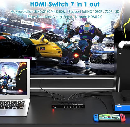 7 Way HDMI Switch 4k@60Hz HDMI Switcher 7 in 1 Out HDCP 2.0 Manual HDMI 2.0 Hub