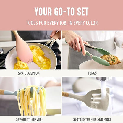 GreenLife 11 Piece Silicone Utensil Crock Set, Nonstick Kitchen Tools, Slotted