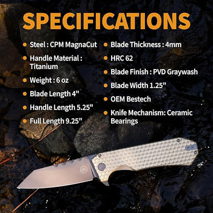 Off-Grid Knives - MAMBA V3, Large EDC Knife with MagnaCut Blade Steel, Titanium Scales and Hardware, Manual Ball Bearing Flipper, Four Finger Grip, Deep Pocket Carry (Coyote Gold)