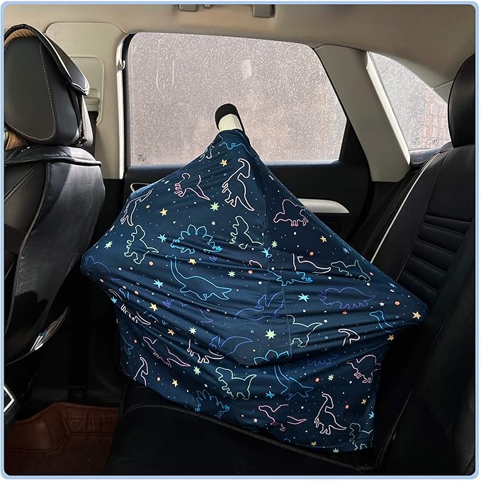 Car Seat Covers Canopy Cover - Multi-use Cover Carseat Canopy, Breathable Breastfeeding Cover, Car Seat Covers for Bbies, Boys & Girls Shower Gifts (Dark Blue Dinosaur)