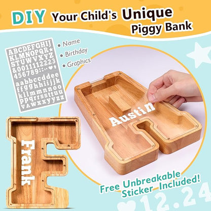 SummiDate Wooden Letter Piggy Bank| Piggy Bank for Boys Girls Toddler| Alphabet F Money Bank| Coin Bank Birthday Gift for Kids|Birthday Gift for Kids (F)