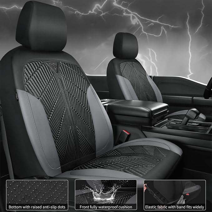 CAR PASS Waterproof Black Gray Car Seat Covers Front Seat Covers Neoprene Wetsuit,All-Weather Non-Slip Durable,Universal Fit for SUV Sedans Trucks Van Automotive,Airbag Compatible,3D Emboss Black Gray