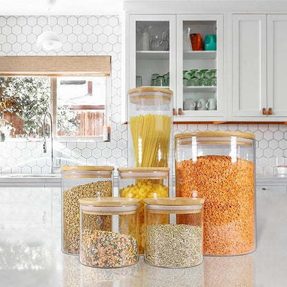 Urban Green Glass Jar with Bamboo Lids (2 sets 100oz) with Metal Scoop, Food Storage Containers with Airtight Lids, Glass Canisters sets, Flour Container Jar