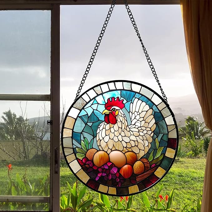 DASTOLL Stained Glass Window Hanging White Chicken Hatching Eggs Large 15"