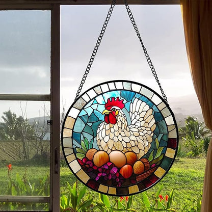 DASTOLL Stained Glass Window Hanging White Chicken Hatching Eggs Large 15"