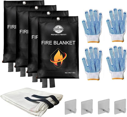 SAFECASTLE Emergency Fire Blanket 59"x59" Large Size, 4 Pack + 4 Hooks & 4 Gloves Fire Retardant Blanket with Fireproof Tabs for Home, Outdoor, Office, Car and Camping Fire Protection Survival Safety