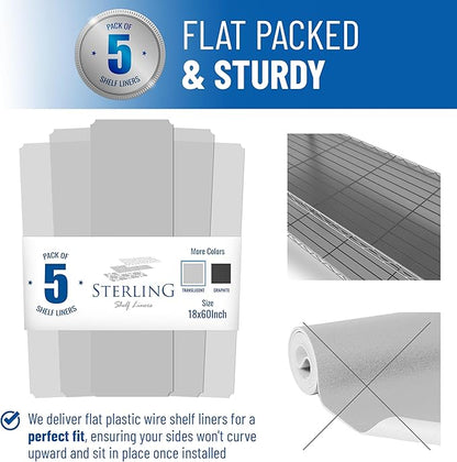 Shelf Liners for Wire Shelf System: Set of 5 in Clear: 18 x 60 inch: Plastic Wire Shelving Shelf Mats