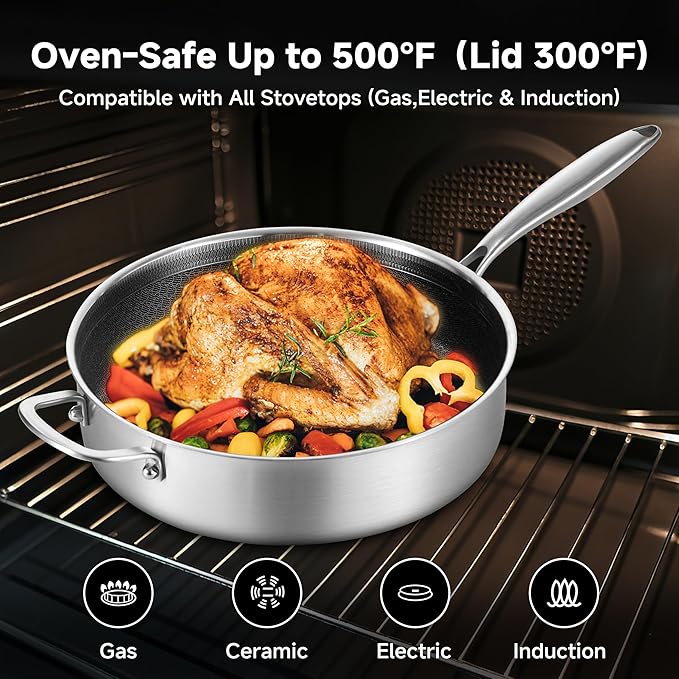LOLYKITCH 6 QT Tri-Ply Stainless Steel Non Stick Sauté Pan