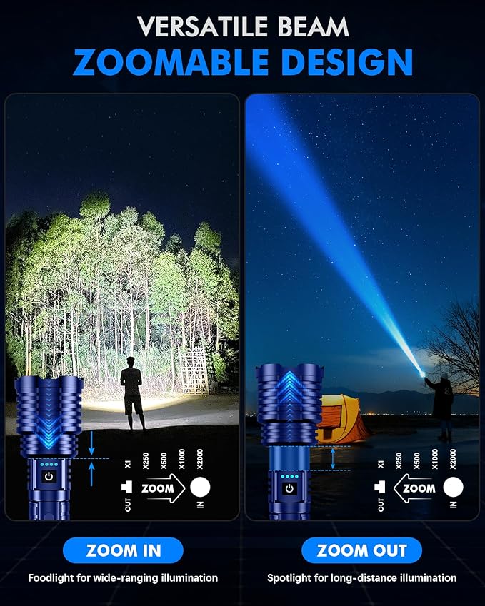Super Bright Rechargeable LED Flashlights, 5000.000 True High Lumens, Powerful Tactical Flashlight Up to 25H Long Battery Life |Zoomable|5Light Modes|IP67 Water Resistant for Camping (Blue)