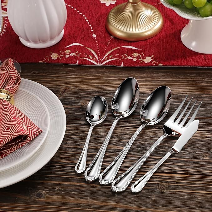 KEAWELL Pearl Edge Premium 45-Piece Refined Bead Silverware Set, 18/10 Stainless Steel, Service for 8, Fine Flatware Set with Serving Utensils, Dishwasher Safe (45, Silver)