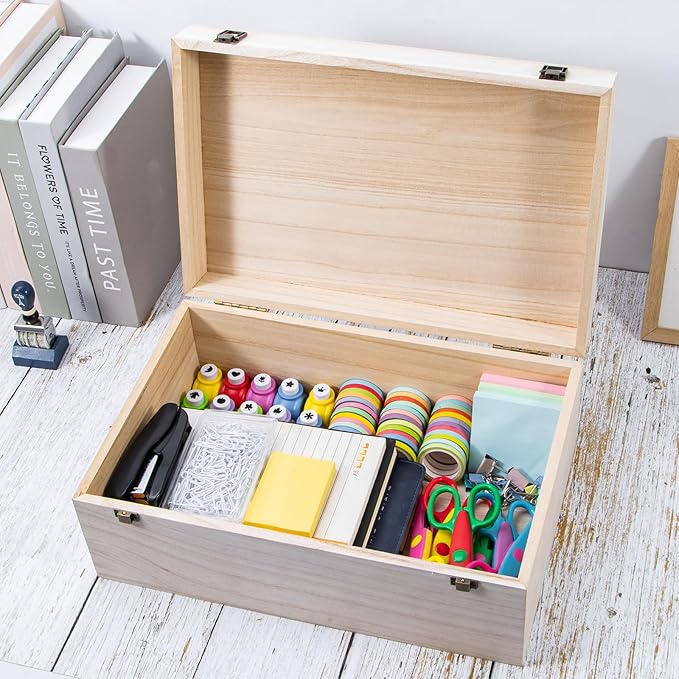 Wooden Storage Box with Hinged Lid and Front Clasp, 14''x9.4''x5.9'' Large Wood Storage Box Boxes Wood Gift Boxes for Crafts Art Hobbies and Valentine's Day Decoration