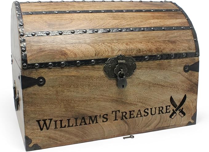 Nautical Cove Personalized Wood Treasure Chest - Pirate Chest with Custom Engraving (X-Large 16x12x12) – Decorative Storage Chest, Wooden Keepsake Box