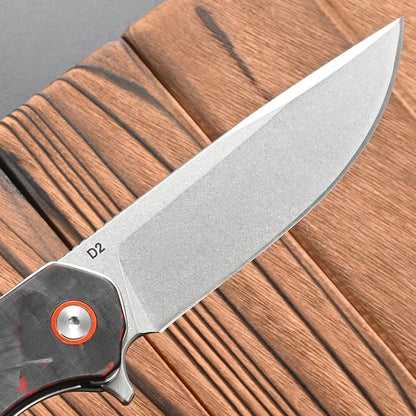 FF19 Folding Pocket Knife，D2 Steel Blade Carbon Fiber Handle EDC Tool Knife for Outdoor Camping Hunting Fishing Working(Red)