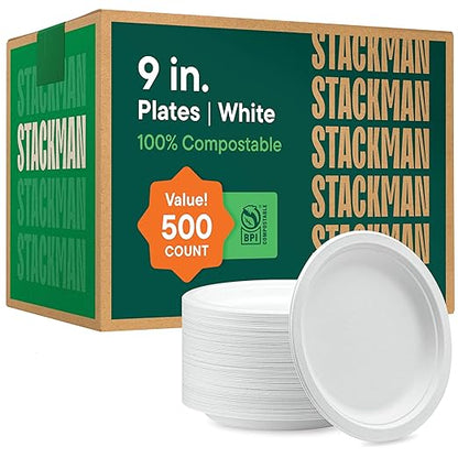 100% Compostable Paper Plates 9 Inch [500 Count] Heavy-Duty Dinner Plates - Natural White Color Unbleached Bagasse - Eco-Friendly Disposable Biodegradable Sugarcane Plates - [Bulk Case 4/125 Pack]