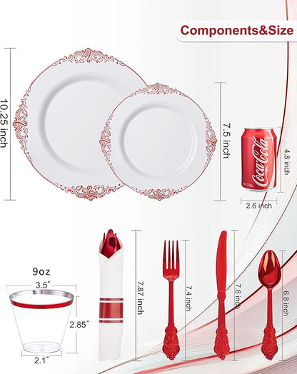 Nervure 350PCS Red Plastic Plates - White Red Plastic Dinnerware Set for 50 Guests - 100 Red Disposable Plates, 50 Pre Rolled Cutlery Set, 50 Cups Perfect for Wedding, Party & Christmas