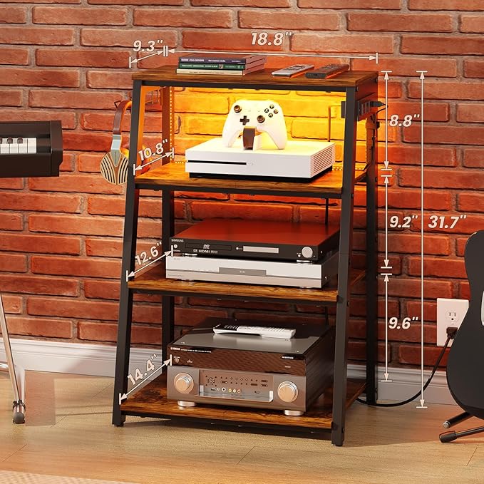 4-Tier AV Media Stand with Power Strips, Heavy Duty Stereo Cabinet Stand with