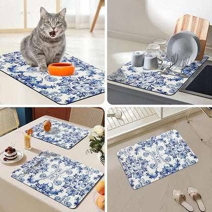 Bloss Dish Drying Mat, Kitchen Counter Mats, Absorbent Hide Stain Rubber Backed