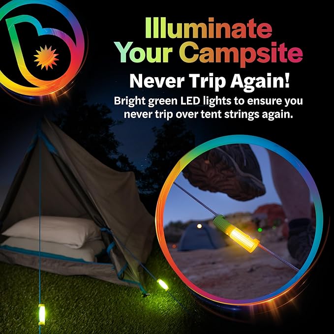 Brightz LED Tent String Lights - Keep Tent Guy-Lines Visible at Night - Campsite Safety Lights