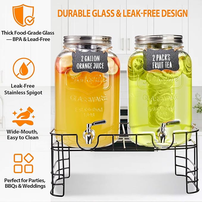 2 Gallon Large Glass Drink Dispenser Set, 2 Pack Beverage Dispensers