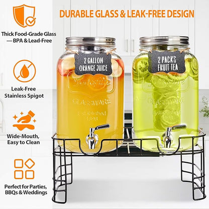 2 Gallon Large Glass Drink Dispenser Set, 2 Pack Beverage Dispensers