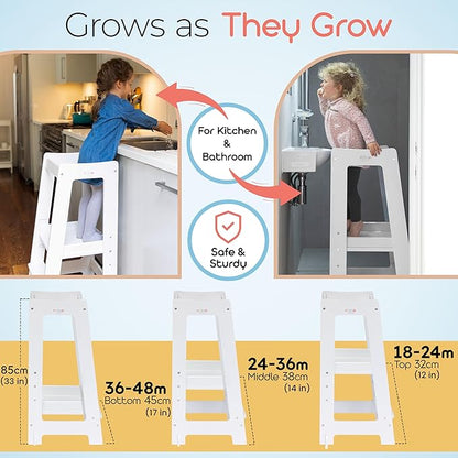 Stepup Baby Toddler Step Stool - Adjustable Height Kids Helper Step Stool, Durable, Non-Slip & Bathroom Sink, Platform for Kitchen, Toddler Tower for Exploration and Growth - White