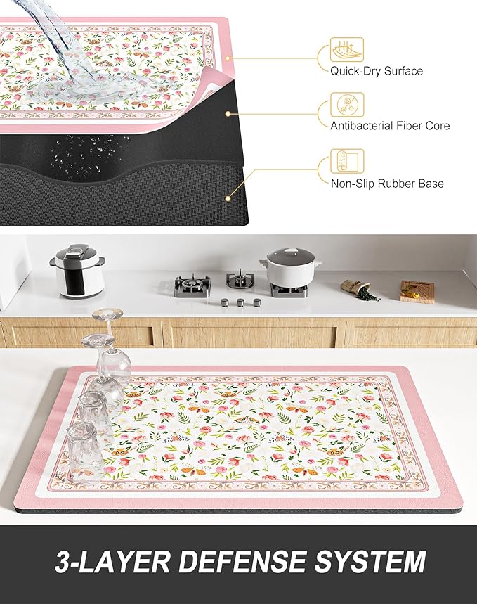 Rnivvi Dish Drying Mat for Kitchen Counter, XL 15 x 24" Cute Flower Theme